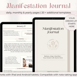 May include: A digital journal with a pink and white cover featuring the text "Manifestation Journal" and the phrase "Believe, Align, Manifest - Your Dream Life Starts Here". The journal is open to a page with a daily planner layout, including sections for gratitude, affirmations, and actions to take. The journal is designed for use with tablets and note-taking apps.