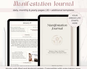 May include: A digital journal with a pink and white cover featuring the text "Manifestation Journal" and the phrase "Believe, Align, Manifest - Your Dream Life Starts Here". The journal is open to a page with a daily planner layout, including sections for gratitude, affirmations, and actions to take. The journal is designed for use with tablets and note-taking apps.