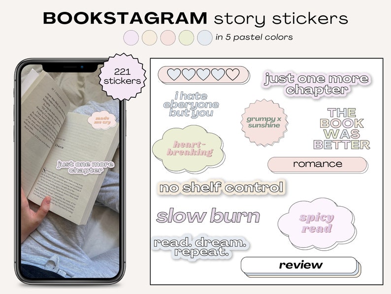 Puede incluir: Un conjunto de 221 pegatinas de color pastel para historias de Instagram, con frases sobre libros como "solo un cap&iacute;tulo m&aacute;s", "desgarrador", "sin control de estanter&iacute;a", "combusti&oacute;n lenta", "lectura picante", "el libro fue mejor", "romance", "rese&ntilde;a" y "gru&ntilde;&oacute;n x sol".