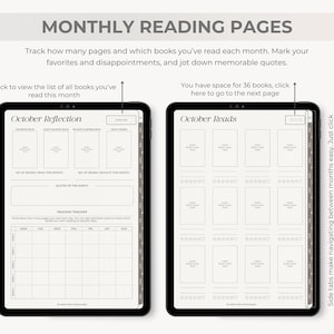 May include: Two digital tablet screens displaying a reading journal layout. The left screen shows a monthly reflection page with sections for favorite books and a reading tracker. The right screen features a page for tracking books read.