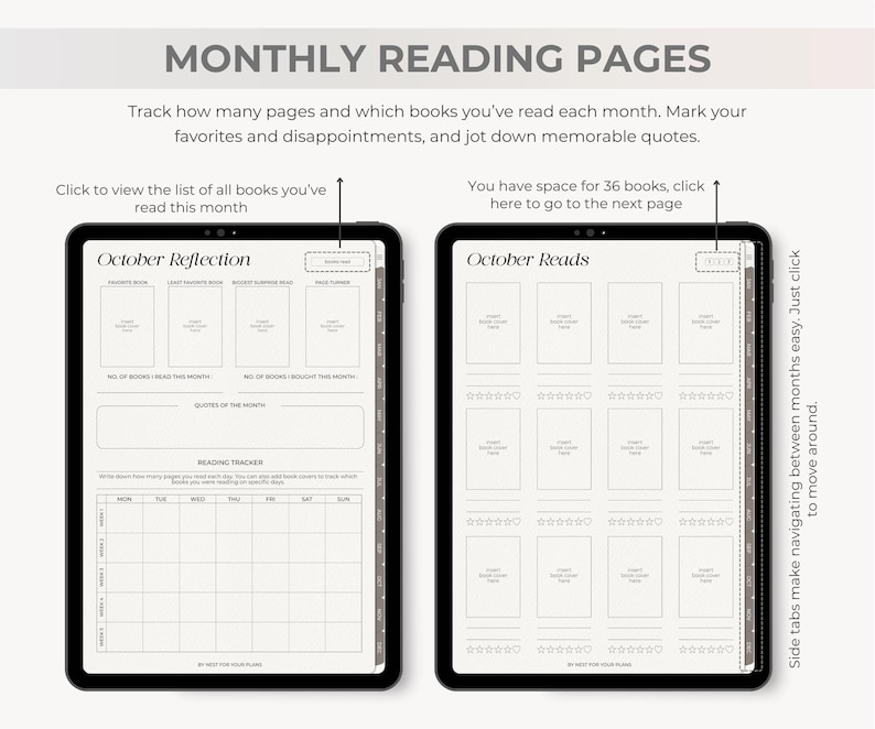 May include: Two digital tablet screens displaying a reading journal layout. The left screen shows a monthly reflection page with sections for favorite books and a reading tracker. The right screen features a page for tracking books read.