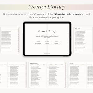 May include: A digital tablet displaying the words "Prompt Library" with prompts across six life areas. The text encourages users to choose from 240 ready-made prompts. The tablet is surrounded by open notebooks with lists of questions.