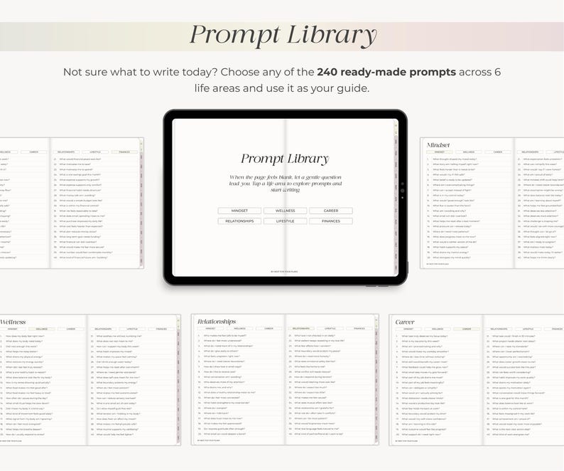 May include: A digital tablet displaying the words "Prompt Library" with prompts across six life areas. The text encourages users to choose from 240 ready-made prompts. The tablet is surrounded by open notebooks with lists of questions.
