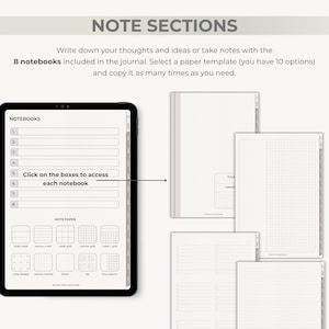 K&ouml;nnte beinhalten: Eine digitale Notizbuchoberfl&auml;che mit dem Text &bdquo;NOTE SECTIONS&ldquo; oben. Die Oberfl&auml;che zeigt 8 Notizb&uuml;cher, Papiervorlagen und den Text &bdquo;Klicken Sie auf die K&auml;stchen, um auf jedes Notizbuch zuzugreifen&ldquo;. Mehrere leere Notizb&uuml;cher werden ebenfalls angezeigt.