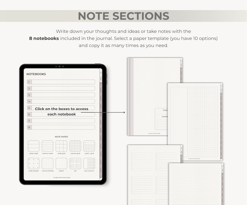 K&ouml;nnte beinhalten: Eine digitale Notizbuchoberfl&auml;che mit dem Text &bdquo;NOTE SECTIONS&ldquo; oben. Die Oberfl&auml;che zeigt 8 Notizb&uuml;cher, Papiervorlagen und den Text &bdquo;Klicken Sie auf die K&auml;stchen, um auf jedes Notizbuch zuzugreifen&ldquo;. Mehrere leere Notizb&uuml;cher werden ebenfalls angezeigt.