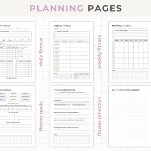 May include: Printable fitness planner pages with a grid pattern. The pages include sections for daily, weekly, and monthly fitness goals, a fitness vision board, and a fitness reflection section.