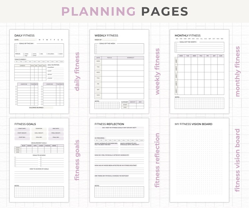 May include: Printable fitness planner pages with a grid pattern. The pages include sections for daily, weekly, and monthly fitness goals, a fitness vision board, and a fitness reflection section.