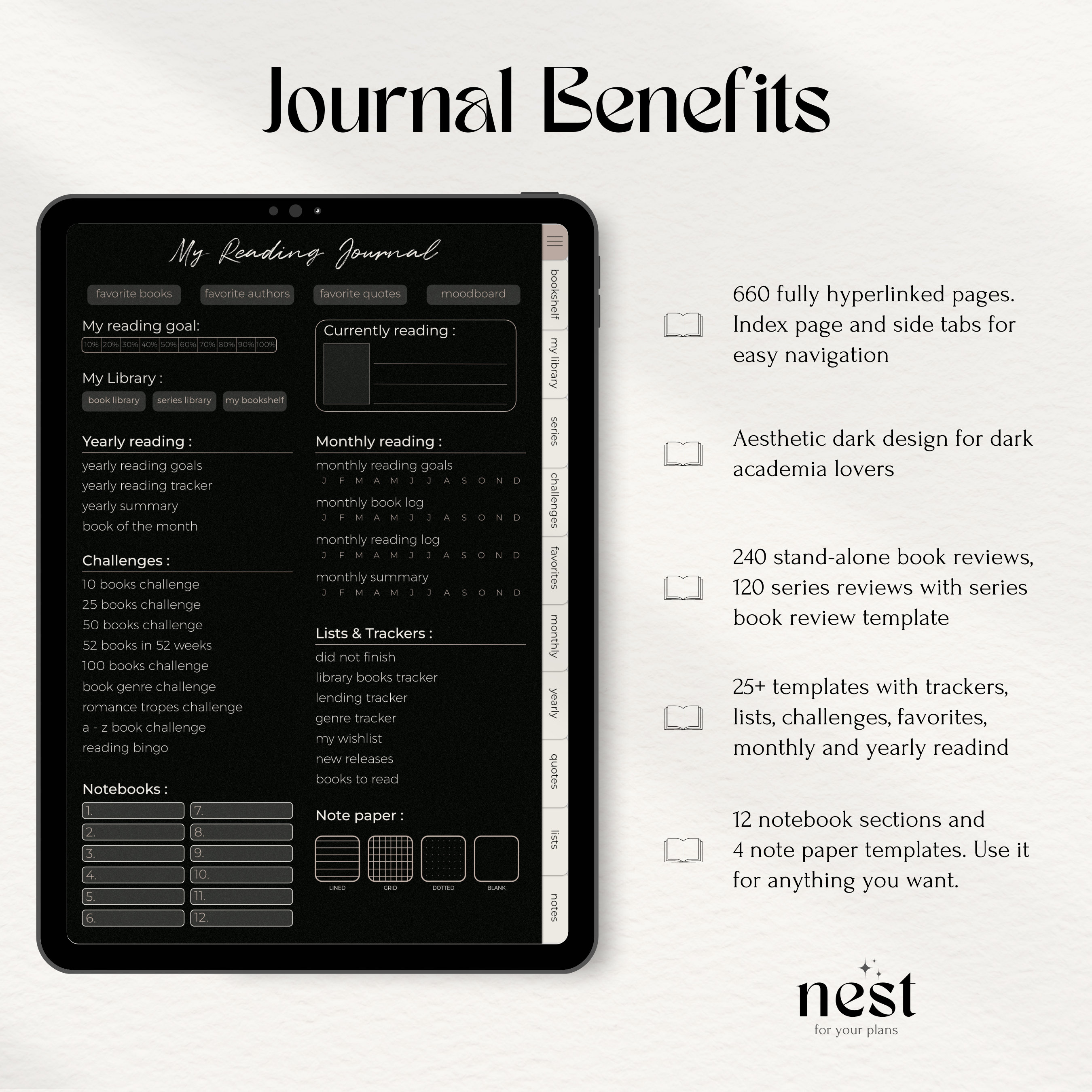 Digital Reading Journal | Dark Academia Black Reading Planner for iPad ...