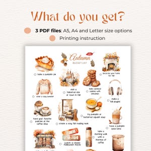 May include: A printable autumn bucket list with watercolor illustrations. The list includes activities like baking a pumpkin pie, visiting a historical site, and making a fall playlist.