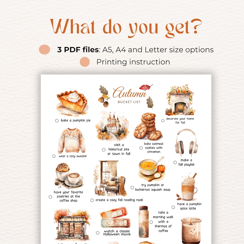 May include: A printable autumn bucket list with watercolor illustrations. The list includes activities like baking a pumpkin pie, visiting a historical site, and making a fall playlist.