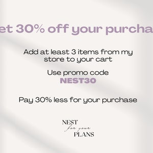 Puede incluir: Obtenga un 30% de descuento en su compra. Agregue al menos 3 art&iacute;culos de mi tienda a su carrito. Use el c&oacute;digo promocional NEST30. Pague un 30% menos por su compra. NEST para sus PLANES.
