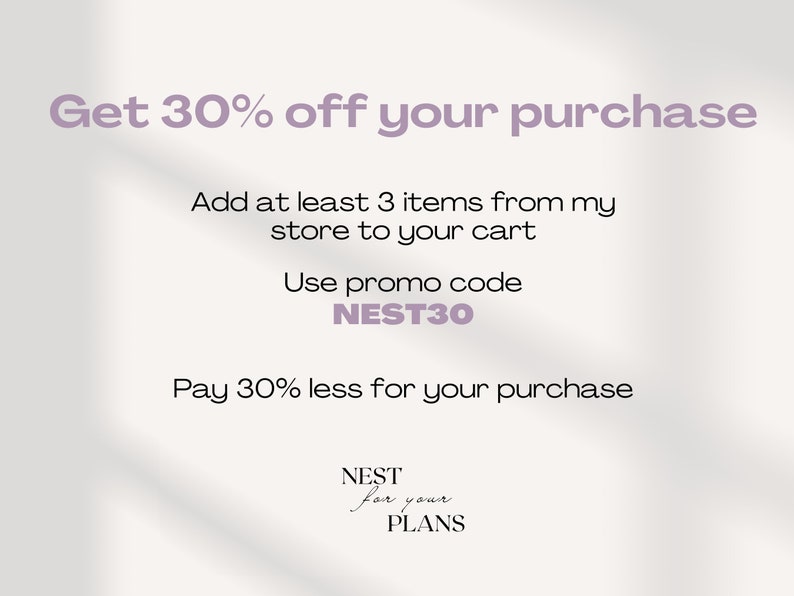 Puede incluir: Obtenga un 30% de descuento en su compra. Agregue al menos 3 art&iacute;culos de mi tienda a su carrito. Use el c&oacute;digo promocional NEST30. Pague un 30% menos por su compra. NEST para sus PLANES.