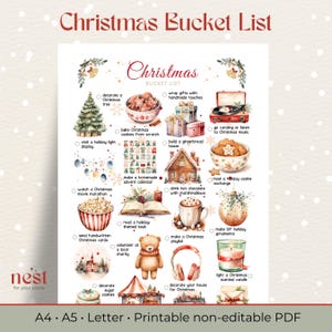 Puede incluir: Una lista de deseos de Navidad imprimible con ilustraciones de acuarela. La lista incluye actividades como decorar un árbol de Navidad, hornear galletas y asistir a un intercambio de galletas navideñas.