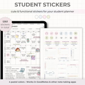 Pode incluir: Autocolantes digitais para estudantes para planejadores. A imagem mostra um tablet com um calendário e uma página separada com modelos de autocolantes. Os autocolantes são em cores pastel e são projetados para serem usados no GoodNotes e em outros aplicativos de anotações.