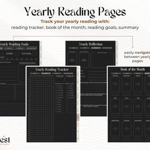 May include: Black and white printable planner pages for tracking yearly reading goals, progress, and reflections. The pages include sections for yearly reading goals, a reading tracker, a yearly reflection, and a book of the month log.