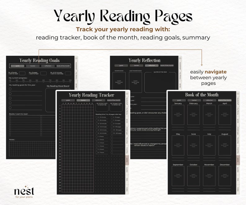 May include: Black and white printable planner pages for tracking yearly reading goals, progress, and reflections. The pages include sections for yearly reading goals, a reading tracker, a yearly reflection, and a book of the month log.