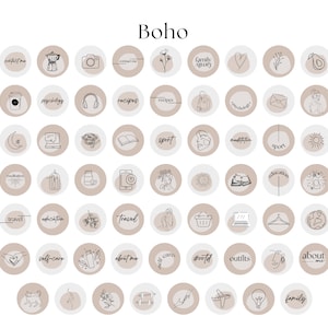K&ouml;nnte beinhalten: Ein Satz von 49 Social-Media-Icons im Boho-Stil. Die Icons sind kreisf&ouml;rmig mit einem hellbraunen Hintergrund und schwarzen Linienzeichnungen. Die Icons umfassen eine Vielzahl von Themen wie Familie, Reisen, Selbstpflege und mehr.