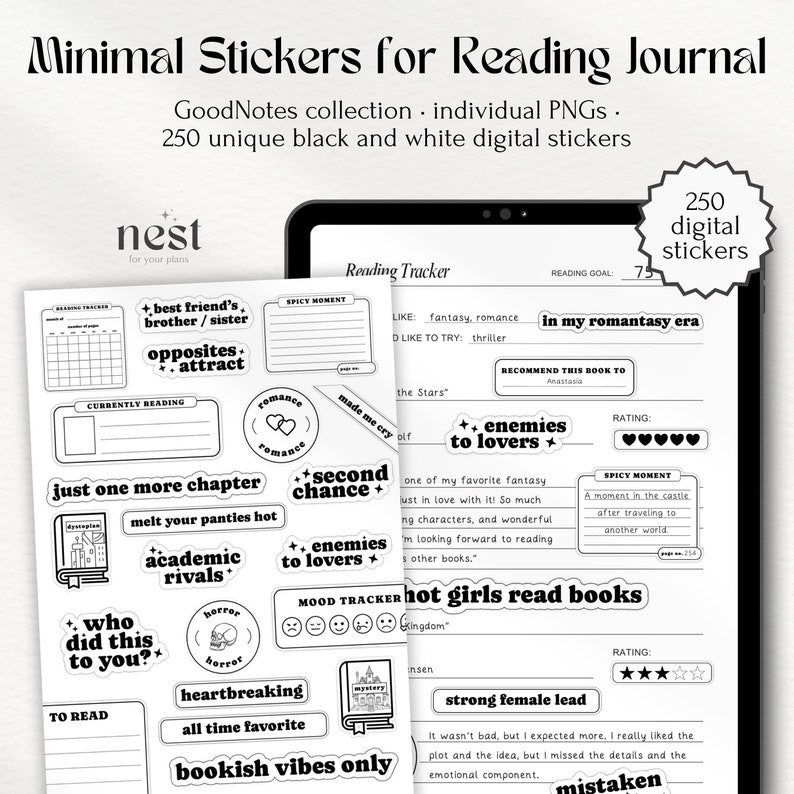 May include: Black and white digital stickers for a reading journal. The stickers feature quotes and illustrations related to reading, such as "just one more chapter", "enemies to lovers", and "bookish vibes only".