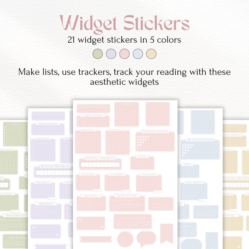 Pu&ograve; includere: Un set di 21 adesivi per planner stampabili in cinque colori: verde, viola, rosa, blu e giallo. Gli adesivi presentano vari design per tenere traccia dei progressi di lettura, valutare i libri e creare liste. Il testo sugli adesivi include "Reading Progress", "My Rating System", "Book Rover", "Bibliophile" e "Bookish Tracker".