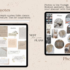 Puede incluir: Dos pantallas de tableta digital que muestran pegatinas imprimibles para planificadores. La pantalla de la izquierda muestra citas de la literatura cl&aacute;sica. La pantalla de la derecha muestra fotos con una est&eacute;tica vintage de libro. El texto "NEST for your PLANS" est&aacute; en la pantalla de la derecha.