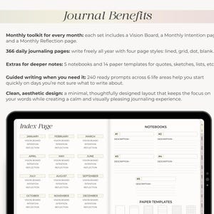 May include: A digital journal displayed on a tablet, featuring an index page with monthly sections for vision boards, intentions, and reflections. The image also highlights journal benefits, including daily journaling pages and guided writing prompts.