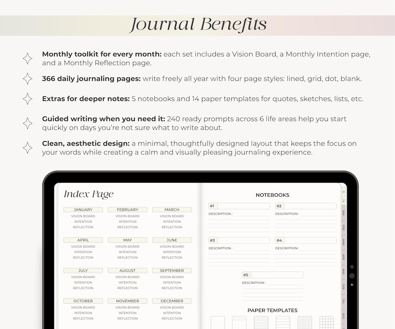 May include: A digital journal displayed on a tablet, featuring an index page with monthly sections for vision boards, intentions, and reflections. The image also highlights journal benefits, including daily journaling pages and guided writing prompts.