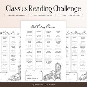 May include: A black and white printable Classics Reading Challenge PDF featuring 75 books across 5 periods. The document includes lists of 19th Century Classics with book titles, authors, and star ratings, plus a decorative bookshelf illustration.