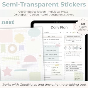 May include: A digital planner with a daily plan template displayed on a tablet screen. The planner features sections for tasks, events, affirmations, mood, and top priorities. The image also showcases a collection of 281 digital stickers in pastel colours, designed for use with the GoodNotes app.