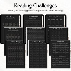 May include: A set of printable reading challenge trackers for book lovers. The trackers include a 10 book challenge, 25 book challenge, 50 book challenge, 100 book challenge, 52 books in 52 weeks, a-z book challenge, book genre challenge, and a reading bingo.