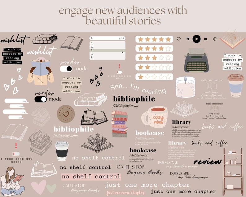 May include: A digital illustration of a book lover's aesthetic with text that says "I work to support my reading addiction", "Shh... I'm reading", "bibliophile", "no shelf control", "CANT STOP Buying Books", "just one more chapter", "books are my love language", "books and coffee", "library", "bookcase", "review".