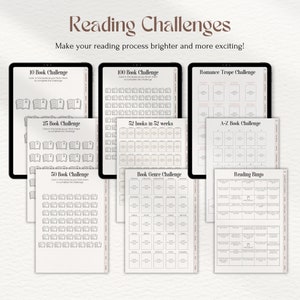 May include: A printable set of reading challenges, including a 10 book challenge, a 100 book challenge, a 25 book challenge, a 52 books in 52 weeks challenge, a 50 book challenge, a book genre challenge, a romance trope challenge, an A-Z book challenge, and a reading bingo challenge.