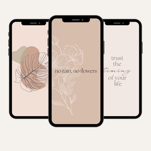 May include: Three phone screen mockups with different minimalist designs. The first features a brown and beige background with a line drawing of a monstera leaf. The second features a beige background with a line drawing of a flower. The third features a beige background with the text "trust the timing of your life".