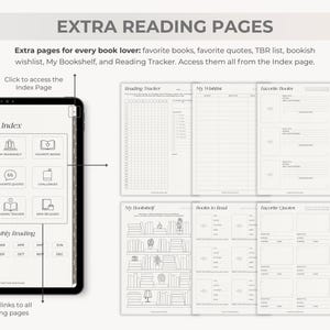 May include: A digital planner with extra reading pages. The planner includes sections for favorite books, quotes, TBR list, and a reading tracker. The index page provides quick links to all reading pages. The text "EXTRA READING PAGES" is at the top.