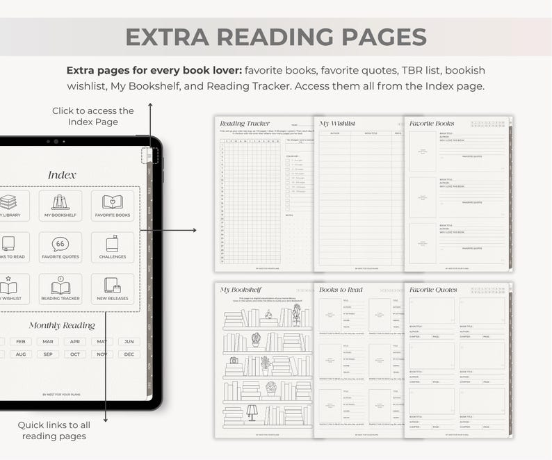May include: A digital planner with extra reading pages. The planner includes sections for favorite books, quotes, TBR list, and a reading tracker. The index page provides quick links to all reading pages. The text "EXTRA READING PAGES" is at the top.