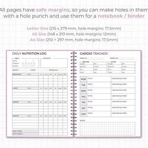 May include: A two-page spread of a daily nutrition log and a cardio tracker. The nutrition log has columns for date, energy level, mood, weight, sleep, water intake, breakfast, lunch, dinner, and snacks. The cardio tracker has sections for before and after workout, with columns for weight, body fat, muscle, waist, arm, chest, and hips. The pages are printed on white paper with black text and grey lines.