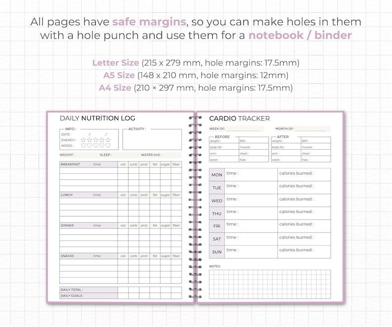 May include: A two-page spread of a daily nutrition log and a cardio tracker. The nutrition log has columns for date, energy level, mood, weight, sleep, water intake, breakfast, lunch, dinner, and snacks. The cardio tracker has sections for before and after workout, with columns for weight, body fat, muscle, waist, arm, chest, and hips. The pages are printed on white paper with black text and grey lines.