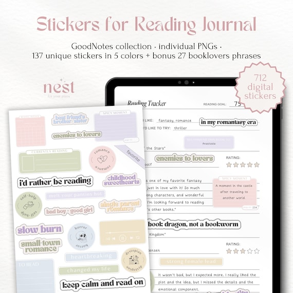 Digital Stickers for Reading Journal | Bookish GoodNotes Stickers | Widgets Tropes Genres | Pastel Stickers for Bookworm | Notability
