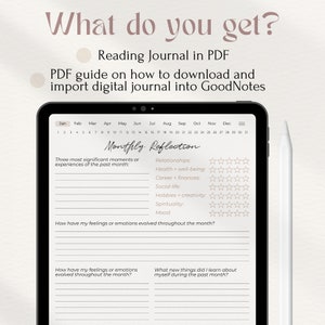 Op de afbeelding: Een digitale journal-sjabloon voor maandelijkse reflectie. De sjabloon bevat secties voor het bijhouden van relaties, gezondheid, carri&egrave;re, sociaal leven, hobby's, spiritualiteit en stemming. Het bevat ook ruimte voor het bijhouden van een dagboek over gevoelens en emoties, en voor het reflecteren op nieuwe dingen die je hebt geleerd.