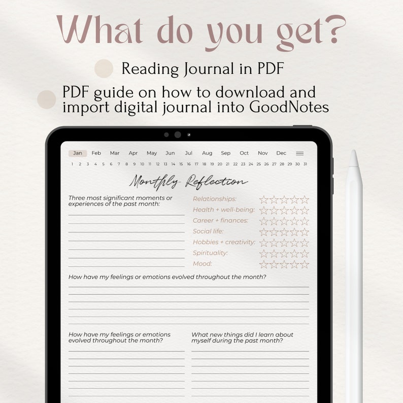 Op de afbeelding: Een digitale journal-sjabloon voor maandelijkse reflectie. De sjabloon bevat secties voor het bijhouden van relaties, gezondheid, carri&egrave;re, sociaal leven, hobby's, spiritualiteit en stemming. Het bevat ook ruimte voor het bijhouden van een dagboek over gevoelens en emoties, en voor het reflecteren op nieuwe dingen die je hebt geleerd.