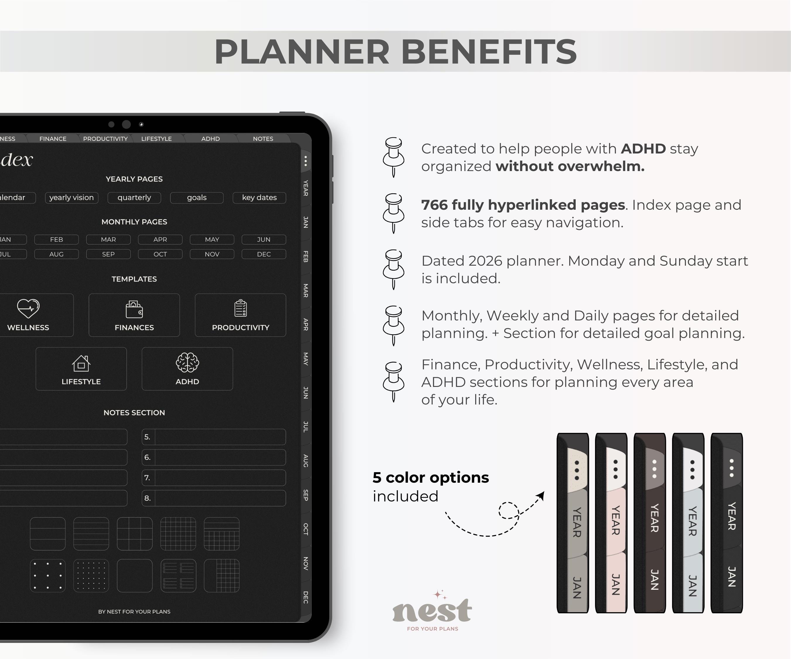 2026 All-in-one Digital Planner Dark Mode, ADHD Goodnotes Planner ...