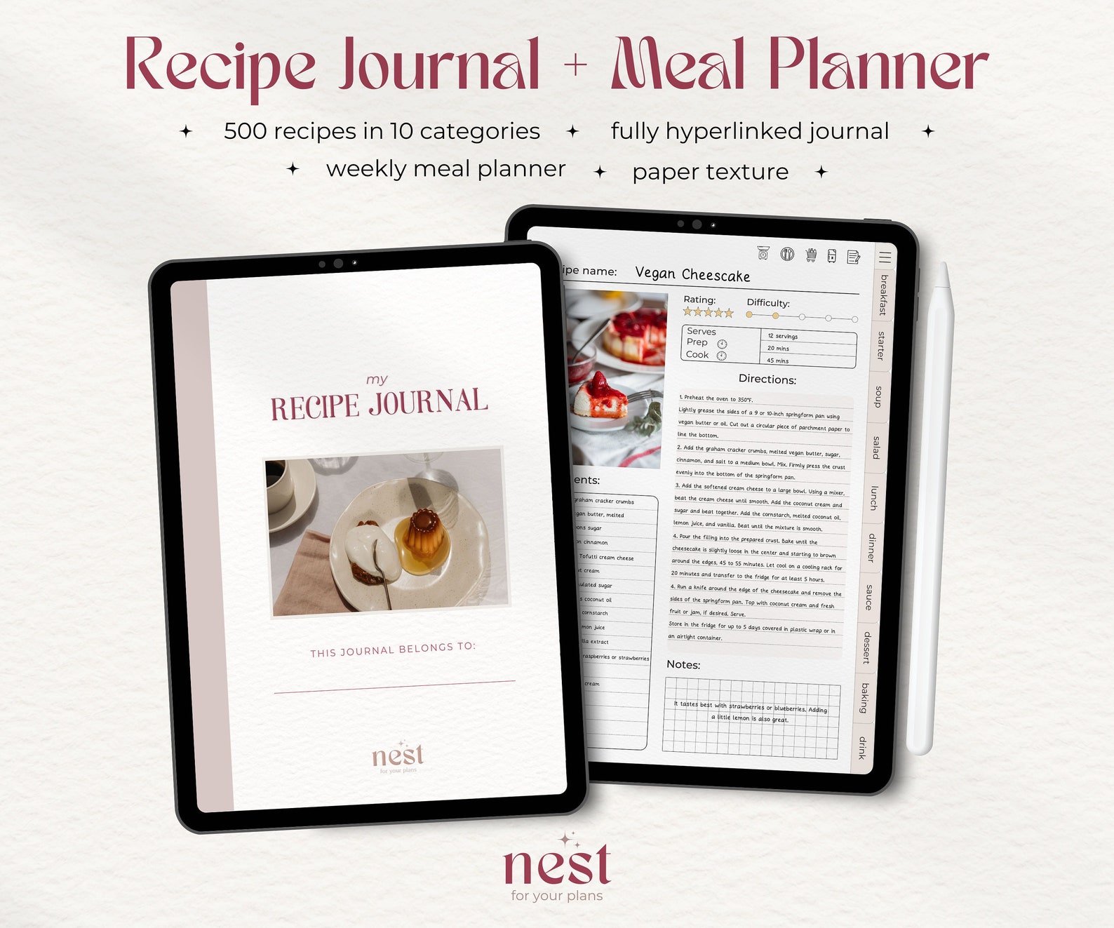 Digital Recipe Book | Paper Texture Goodnotes Meal Planner | Recipe ...