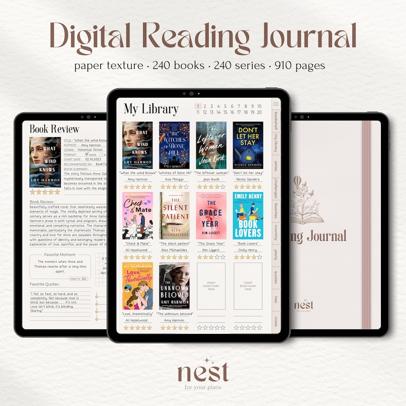 Digital Reading Journal in a classic, realistic style with beige tones and paper-textured pages. Track your reading, write book reviews, save favorite quotes, build a digital bookshelf, complete reading challenges, and use trackers with this book journal. Reading Tracker is compatible with iPad and Android tablets in PDF annotation apps like GoodNotes, Notability, CollaNotes, and Samsung Notes. Perfect for book lovers.