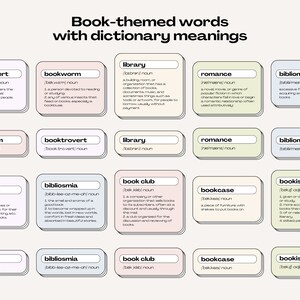 Puede incluir: Un gr&aacute;fico colorido con palabras relacionadas con los libros y sus definiciones. Las palabras est&aacute;n dispuestas en una cuadr&iacute;cula con un fondo rosa claro, azul claro y verde claro. Las palabras incluyen booktrovert, bookworm, library, romance, bibliomania, bibliophile, bibliosmia, book club, bookcase y bookish.