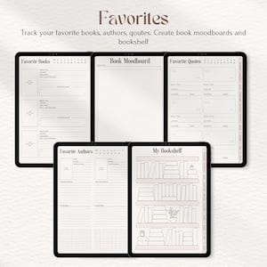 May include: A digital planner with five pages for tracking favorite books, authors, quotes, and creating mood boards and a bookshelf. The pages are black and white with a grid pattern.