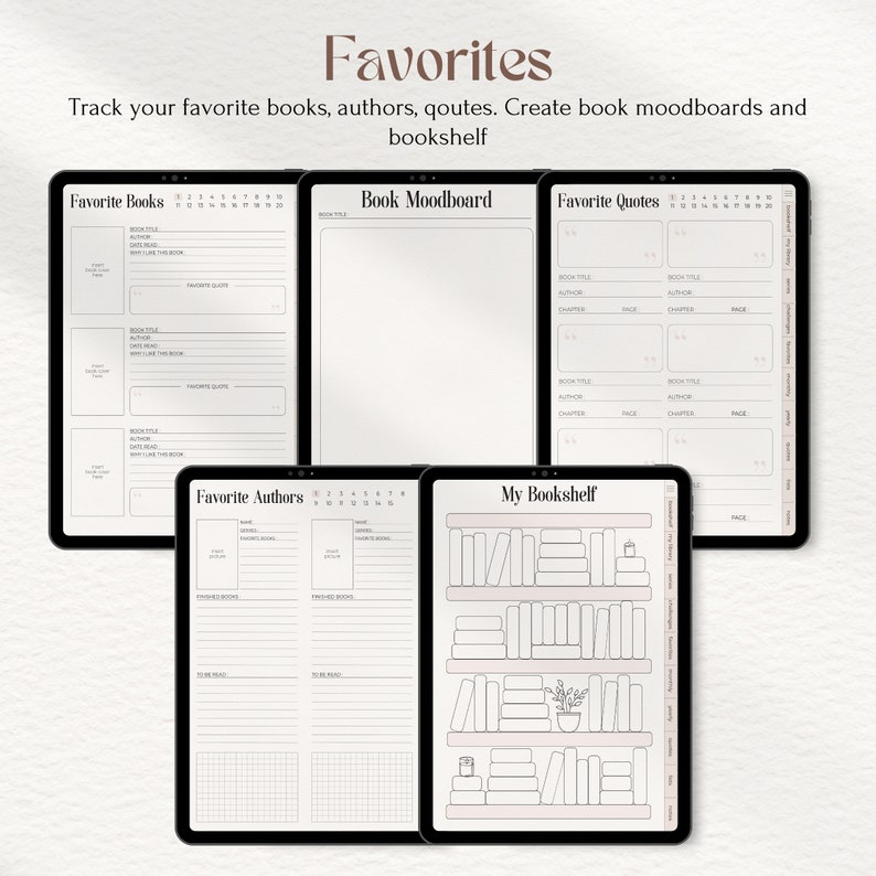 May include: A digital planner with five pages for tracking favorite books, authors, quotes, and creating mood boards and a bookshelf. The pages are black and white with a grid pattern.