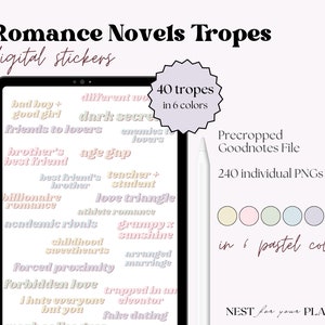 Romance Novel Tropes Adesivi digitali, Pastello, Libro di adesivi Goodnotes per gli amanti dei libri, Adesivi per gli amanti del romanticismo, Libro di adesivi Bookworm, Notability