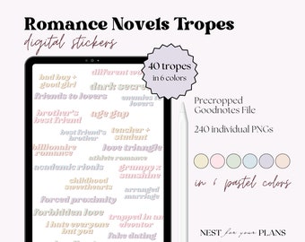 Stickers numériques Romance Novel Tropes, Pastel, livre d'autocollants Goodnotes pour les amoureux des livres, Stickers Romance Lovers, livre d'autocollants rat de bibliothèque, Notability