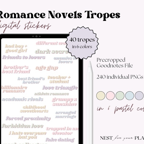 Romance Novel Tropes Digital Stickers, Pastel, Book Lovers Goodnotes Stickerbook, Romance Lovers Stickers, Bookworm Stickerbook, Notability