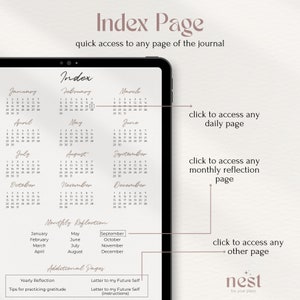 Op de afbeelding: Een digitale planner-indexpagina met een kalender voor elke maand van het jaar. De pagina bevat ook secties voor maandelijkse reflecties, jaarlijkse reflecties en brieven aan je toekomstige zelf. De tekst "Index Page" staat bovenaan de pagina, en de tekst "nest for your plans" staat onderaan de pagina.