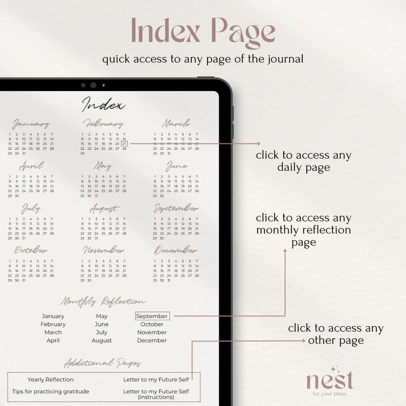 Op de afbeelding: Een digitale planner-indexpagina met een kalender voor elke maand van het jaar. De pagina bevat ook secties voor maandelijkse reflecties, jaarlijkse reflecties en brieven aan je toekomstige zelf. De tekst "Index Page" staat bovenaan de pagina, en de tekst "nest for your plans" staat onderaan de pagina.